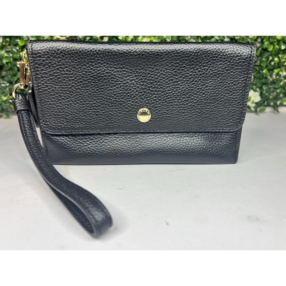 Coach Triple Pebble Black Leather Double Zip Wristlet Wallet  - Preowned